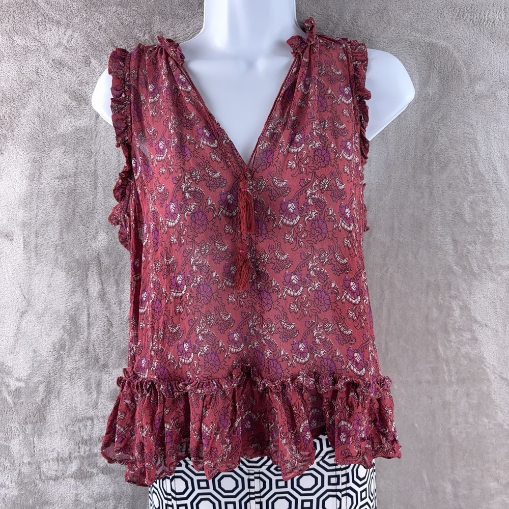 Ulla‎ Johnson Cecile Chiffon Blouse Womens Small Red Floral Ruffle Trim Tassel